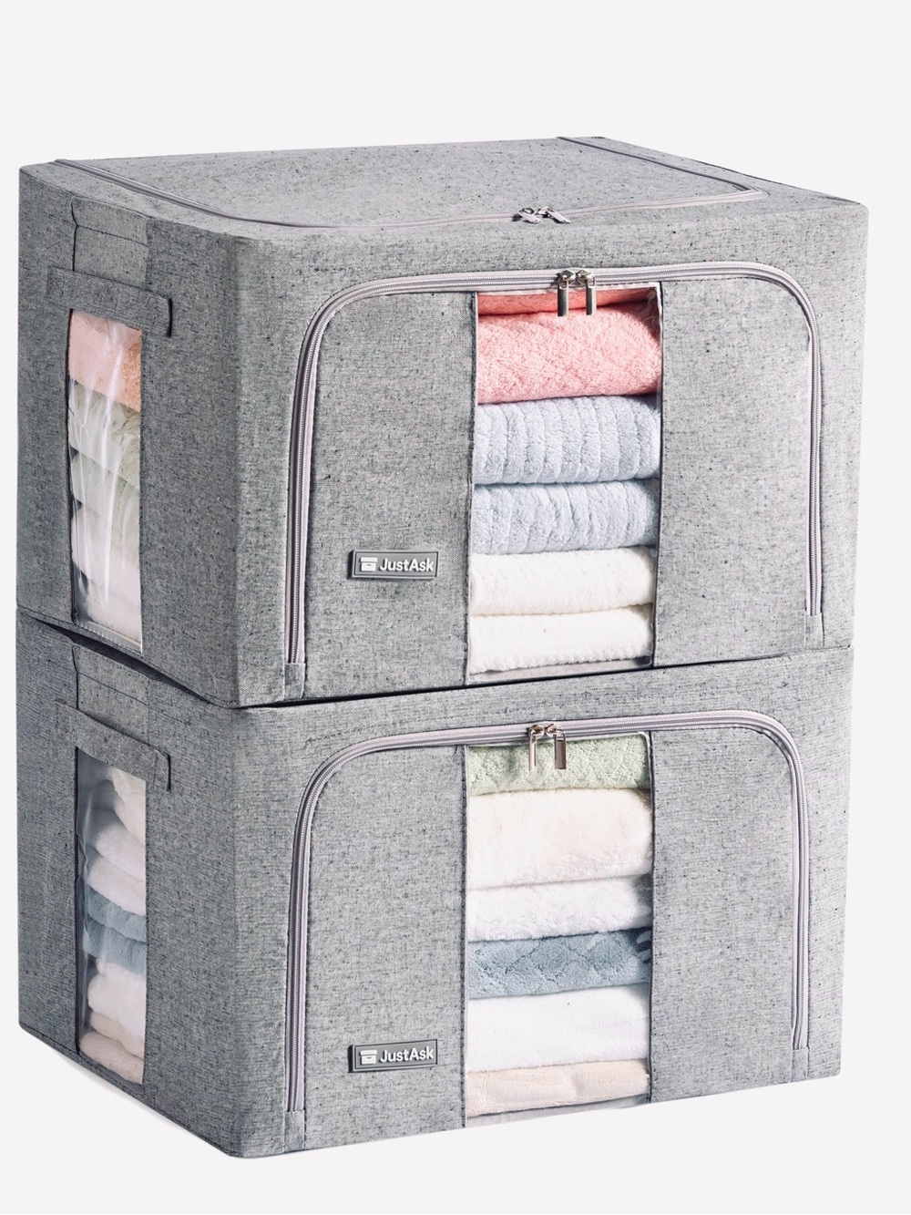 Grey Fabric Storage Boxes with Clear Window - Set of 2